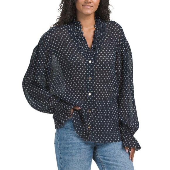 SANDRO Marine/Ecru Polka Dot Long Sleeve Blouse - Picture 1 of 2